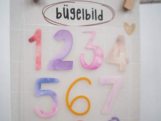 Bügelbild Zahlen rosa/lila
