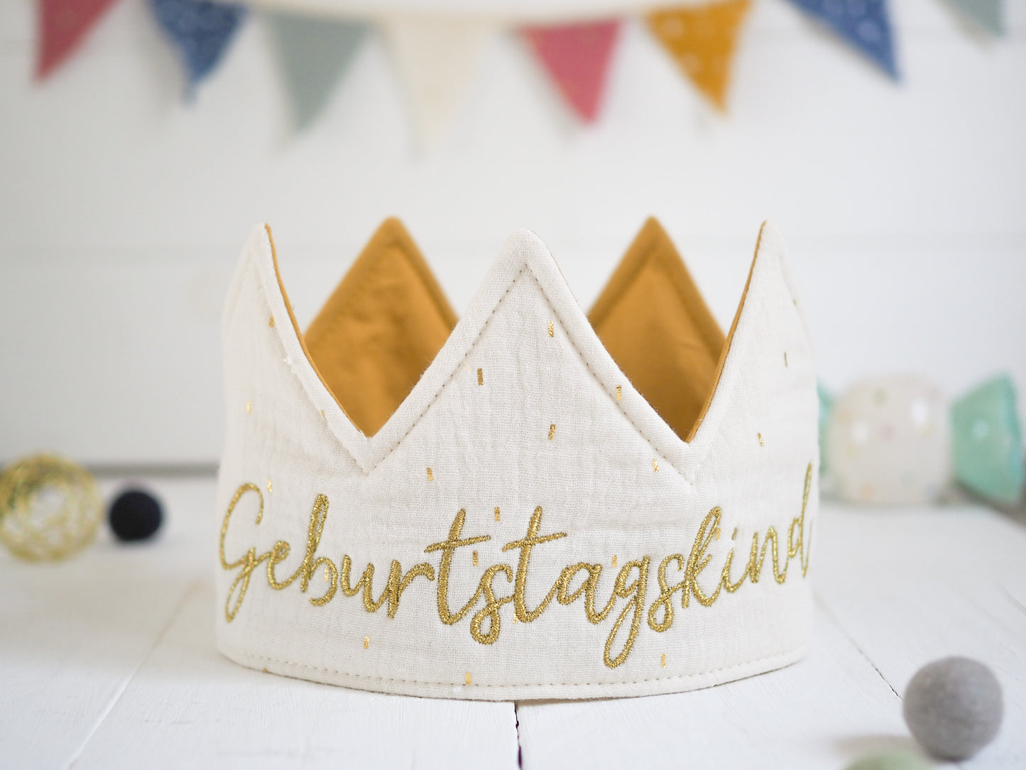 Geburtstagskrone "Geburtstagskind" Creme/Senf