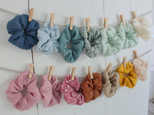 3er-Set Bio-Musselin Scrunchies in beige